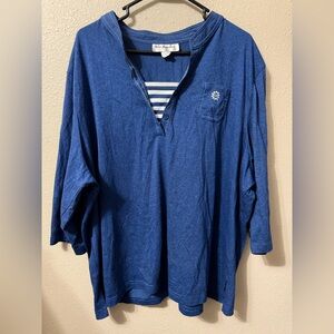 C.D. Daniels Women’s 3/4 Sleeve Deep V Neck Blue/White Striped Button Top 3X